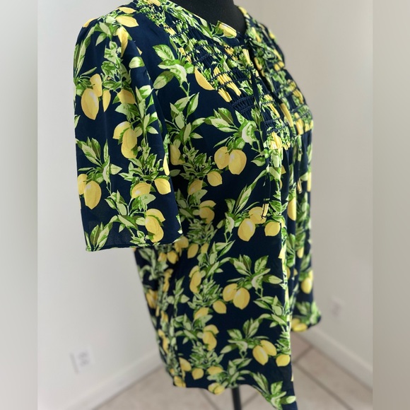 Lemon Ruffle Button Mixed Media Top - Picture 4 of 8